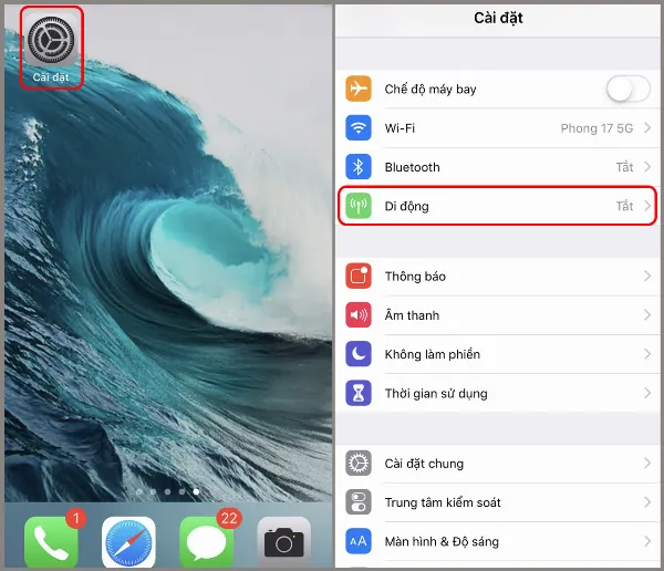 Mở Cài đặt và chọn mục Di động