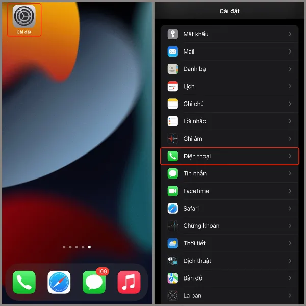 Mở Cài đặt và chọn mục Điện thoại