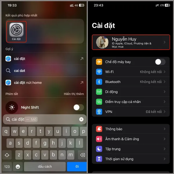 Mở cài đặt và nhấn vào tài khoản iCloud