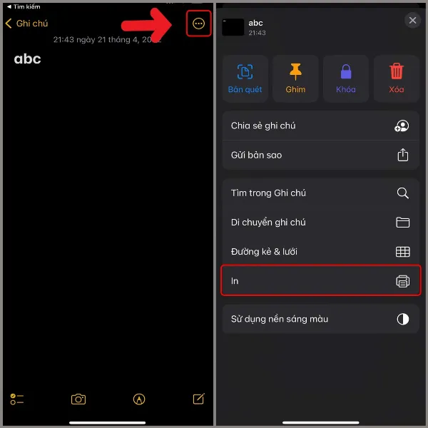 Mở ghi chú cần chuyển sang PDF, chọn biểu tượng ba chấm và nhấn vào mục In