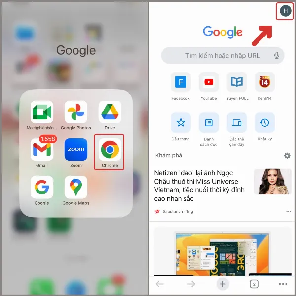Mở Google Chrome và chọn vào ảnh đại diện