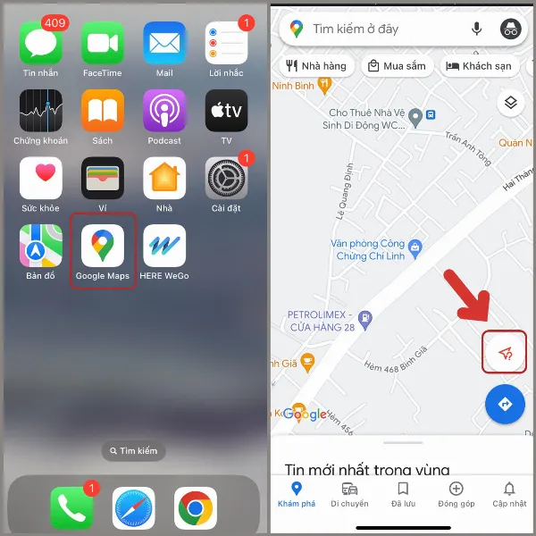 Mở Google Maps và nhấn vào biểu tượng Định vị