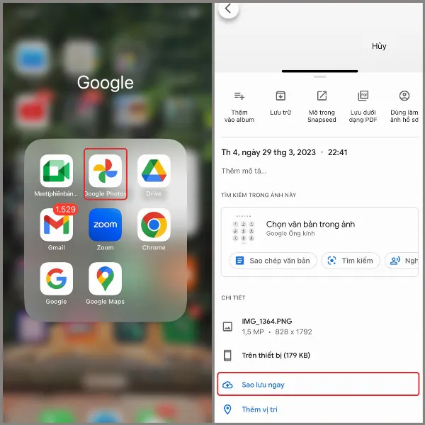 Mở Google Photos trên iPhone, chọn ảnh và nhấn Sao lưu