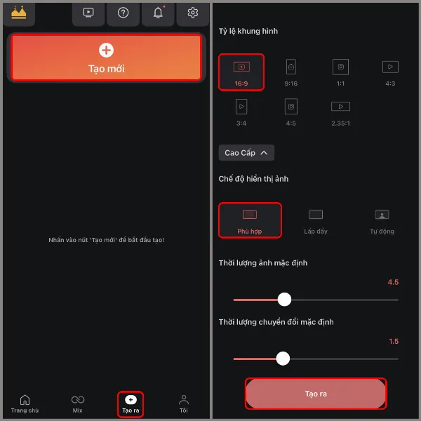 Mở KineMaster và tạo dự án mới
