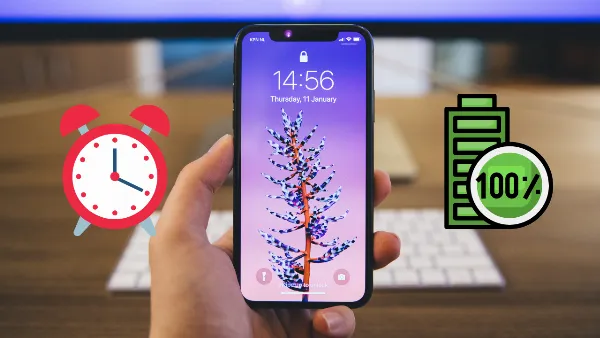 Mô phỏng một chiếc iPhone đang được cắm sạc và hiển thị màn hình thông báo pin đã được sạc đầy