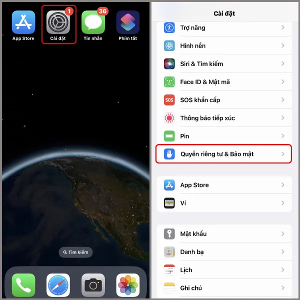 Mở Quyền riêng tư trong Cài đặt iPhone