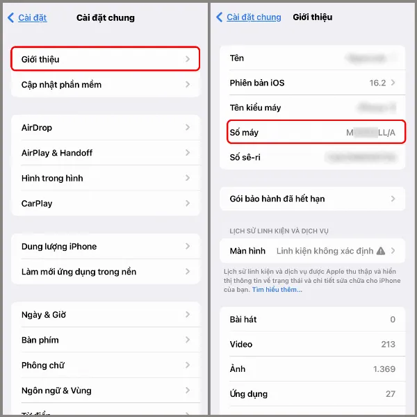 Mô tả: Ảnh chụp màn hình điện thoại iPhone 14 hiển thị thông tin "Số máy" với mã VN/A, cho biết đây là sản phẩm dành cho thị trường Việt Nam