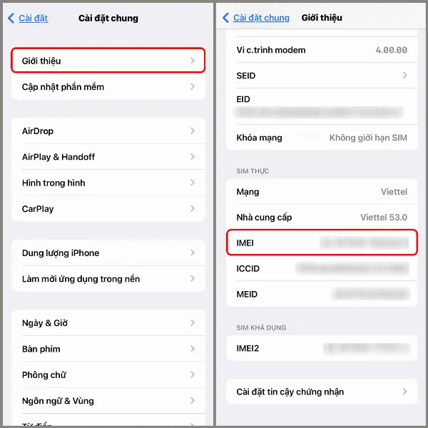 Mô tả: Ảnh chụp màn hình iPhone hiển thị thông tin IMEI trong phần "Giới thiệu", dãy số quan trọng để xác minh tính chính hãng