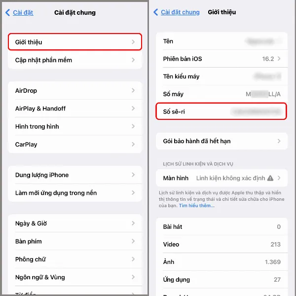 Mô tả: Ảnh chụp màn hình iPhone hiển thị thông tin "Số sê-ri" trong phần "Giới thiệu", cung cấp dữ liệu quan trọng về thiết bị