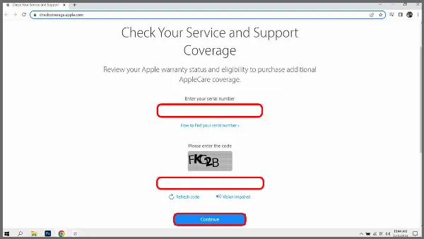 Mô tả: Ảnh chụp màn hình trang web Check Coverage của Apple, yêu cầu nhập số sê-ri và mã xác thực để kiểm tra thông tin bảo hành