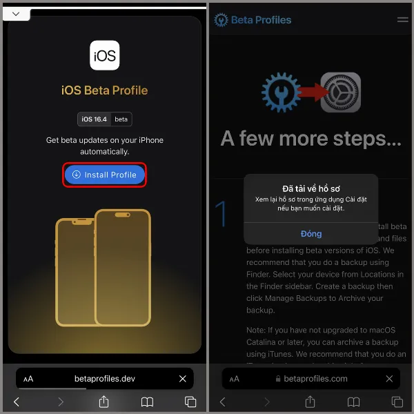 Mô tả ảnh: Giao diện trang web Beta Profiles, hiển thị các phiên bản iOS beta có sẵn để tải về, bao gồm iOS 16.4 Beta