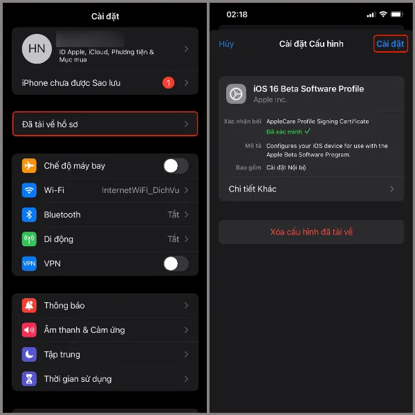 Mô tả ảnh: Màn hình iPhone hiển thị mục "Đã tải về hồ sơ" trong ứng dụng Cài đặt, cho phép người dùng cài đặt cấu hình beta
