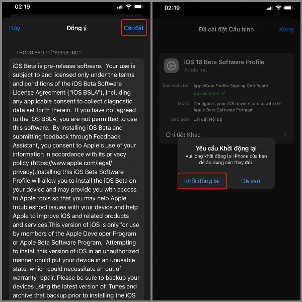 Mô tả ảnh: Màn hình iPhone hiển thị thông báo yêu cầu khởi động lại thiết bị sau khi cài đặt cấu hình beta