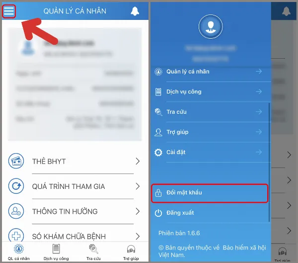 Mô tả các bước truy cập chức năng đổi mật khẩu trong ứng dụng VssID