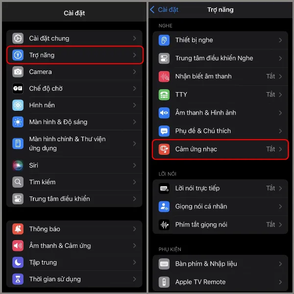 Mô tả các bước truy cập vào phần cài đặt cảm ứng nhạc trên iOS 18