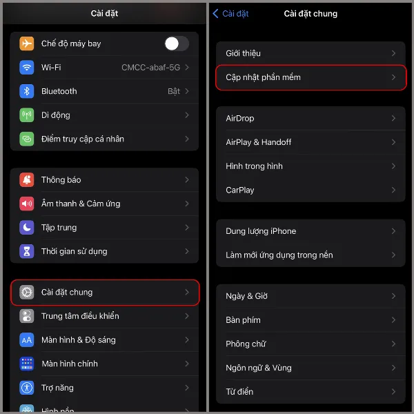 Mô tả các bước vào phần Cập nhật phần mềm trong Cài đặt iPhone