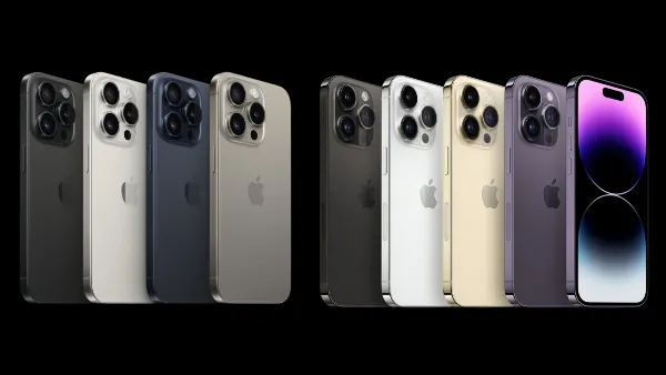 Mô tả: Các phiên bản màu sắc của iPhone 15 Pro và iPhone 14 Pro