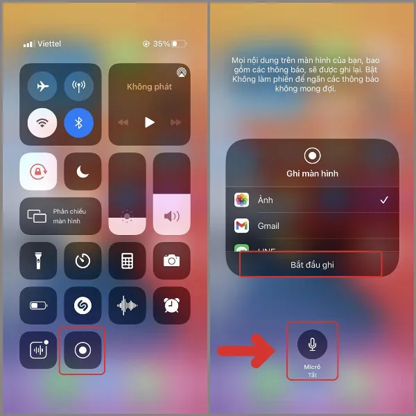 Mô tả cách bật micro để ghi âm khi quay màn hình iPhone 12
