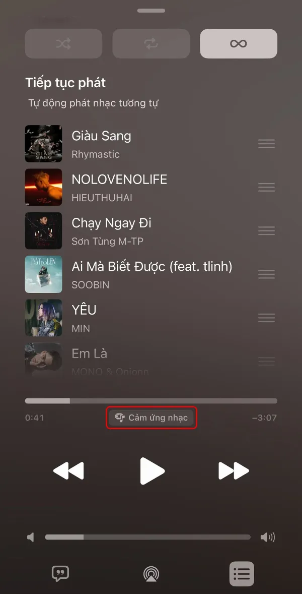 Mô tả cách bật tính năng cảm ứng nhạc trong giao diện phát nhạc của Apple Music