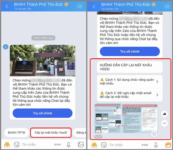Mô tả cách chọn chức năng cấp lại mật khẩu VssID trong giao diện chat Zalo OA của BHXH