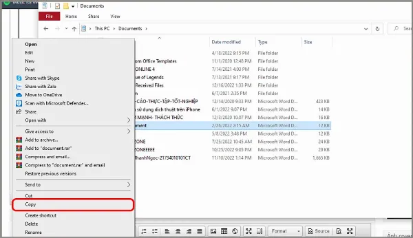 Mô tả cách chọn và sao chép file Word trên máy tính