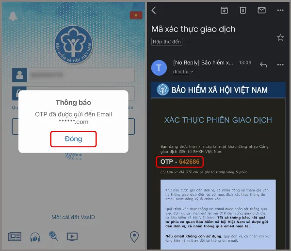 Mô tả email chứa mã OTP được gửi từ hệ thống VssID để xác thực việc khôi phục mật khẩu