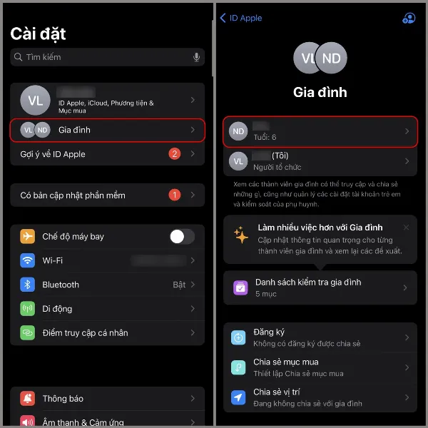 Mô tả giao diện cài đặt của iPhone, tập trung vào phần Gia đình và danh sách các tài khoản ID Apple thành viên