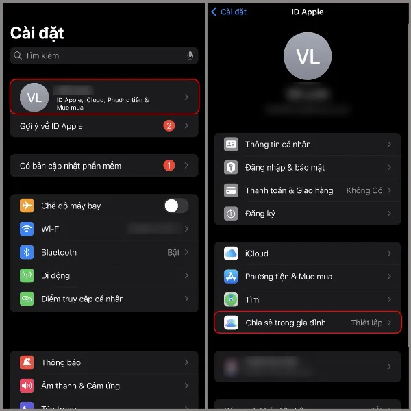 Mô tả giao diện cài đặt của iPhone, tập trung vào phần tài khoản ID Apple và tùy chọn Chia sẻ trong gia đình