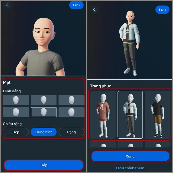 Mô tả: Giao diện chọn dáng mặt và trang phục cho avatar trên Messenger