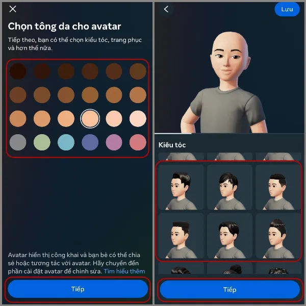Mô tả: Giao diện chọn tông da và kiểu tóc cho avatar trên Messenger