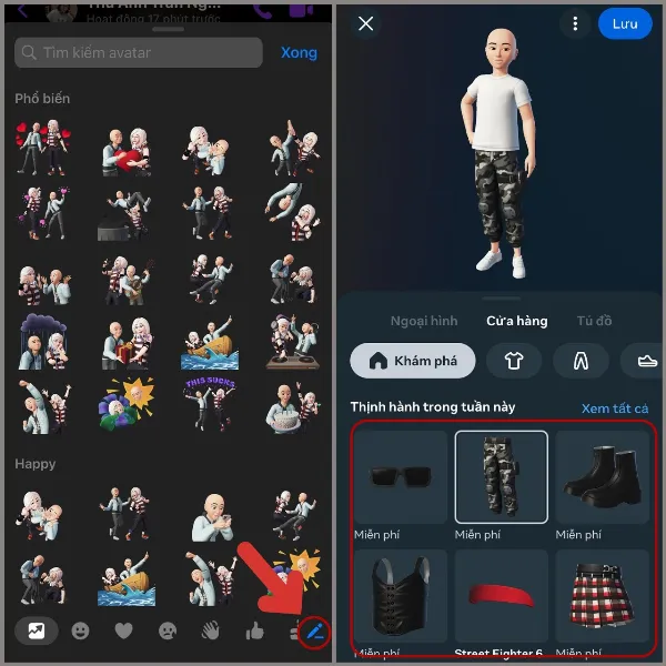 Mô tả: Giao diện cửa hàng trang phục cho avatar, mũi tên chỉ vào biểu tượng cây bút