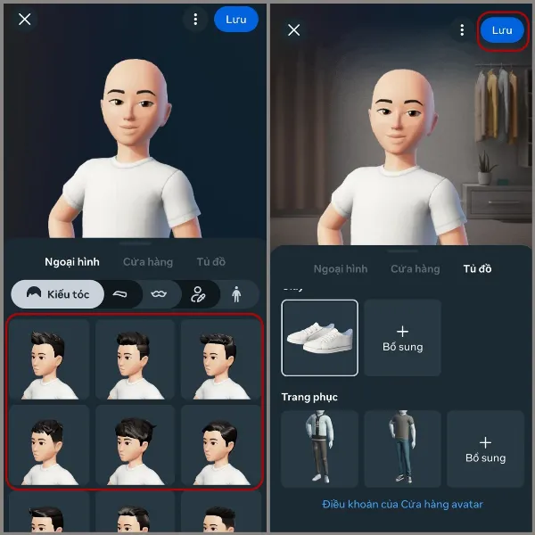 Mô tả: Giao diện tùy chỉnh chi tiết ngoại hình avatar, mũi tên chỉ vào nút "Lưu"