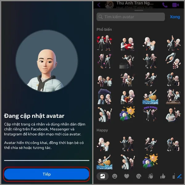 Mô tả: Hình ảnh hiển thị thông báo Messenger đang tạo avatar và bộ sưu tập sticker sau khi hoàn tất