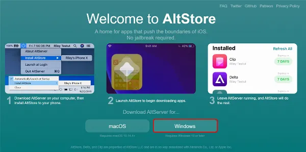 Cách tải AltStore trên iPhone, giúp bạn cài các ứng dụng thứ 3 bên ngoài để phục vụ cho nhu cầu của mình 2 Mô tả hình ảnh: Trang chủ AltStore hiển thị nút tải về cho Windows và macOS