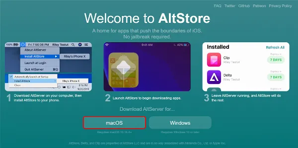Cách tải AltStore trên iPhone, giúp bạn cài các ứng dụng thứ 3 bên ngoài để phục vụ cho nhu cầu của mình 7 Mô tả hình ảnh: Trang chủ AltStore với nút tải về cho macOS