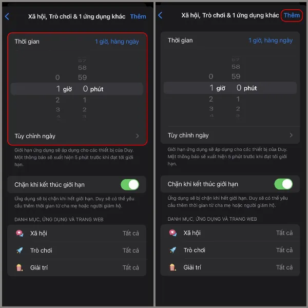 Mô tả màn hình iPhone cho phép cài đặt thời gian sử dụng cho các ứng dụng, danh mục hoặc trang web đã chọn