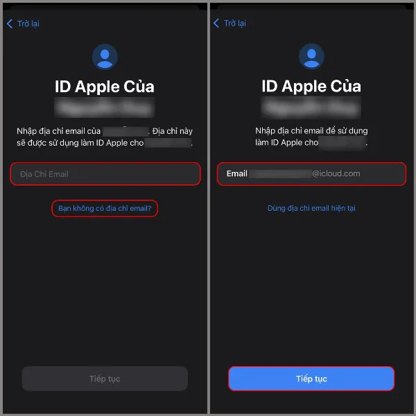 Mô tả màn hình iPhone cho phép lựa chọn sử dụng email hiện có hoặc tạo email iCloud mới cho trẻ
