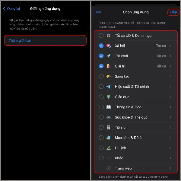 Mô tả màn hình iPhone cho phép lựa chọn ứng dụng, danh mục và trang web để thêm giới hạn thời gian sử dụng