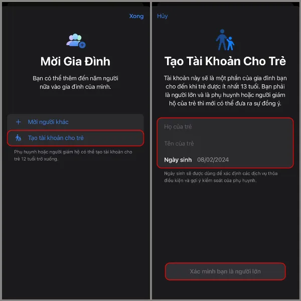 Mô tả màn hình iPhone hiển thị các bước tạo tài khoản cho trẻ, bao gồm nhập thông tin cá nhân và xác minh danh tính người lớn