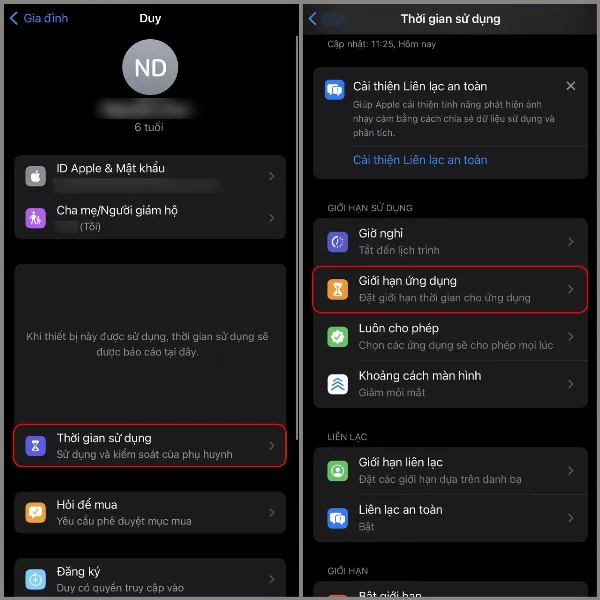 Mô tả màn hình iPhone hiển thị tùy chọn Thời gian sử dụng và Giới hạn ứng dụng trong cài đặt tài khoản của trẻ