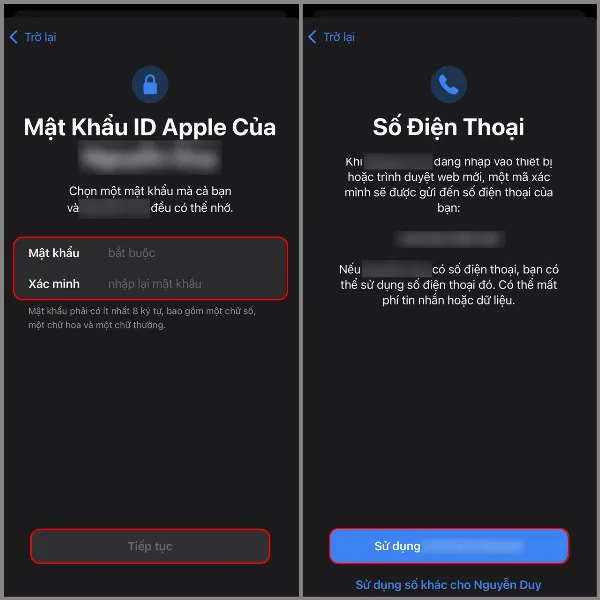 Mô tả màn hình iPhone yêu cầu tạo mật khẩu cho ID Apple của trẻ và xác nhận số điện thoại
