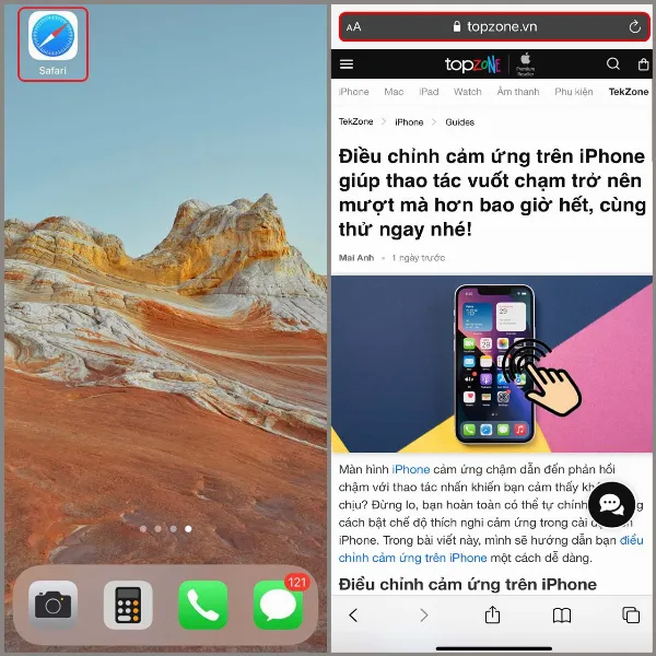 mở trình duyệt web safari trên iphone
