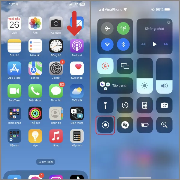 Mở trung tâm điều khiển và chọn ghi màn hình
