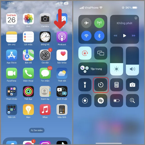Mở trung tâm điều khiển và nhấn giữ hẹn giờ
