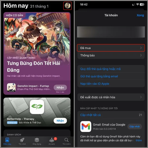 mở ứng dụng App Store và chọn ảnh đại diện