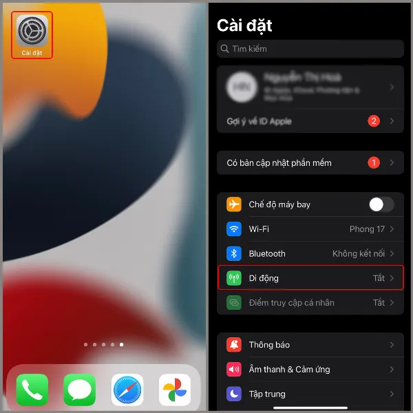 Mở ứng dụng Cài đặt trên iPhone, kéo xuống và chọn mục Di động
