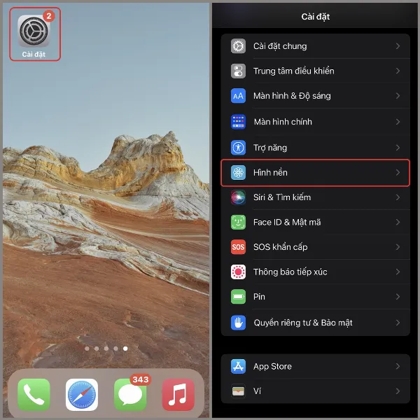 Mở ứng dụng Cài đặt trên iPhone và chọn mục Hình nền
