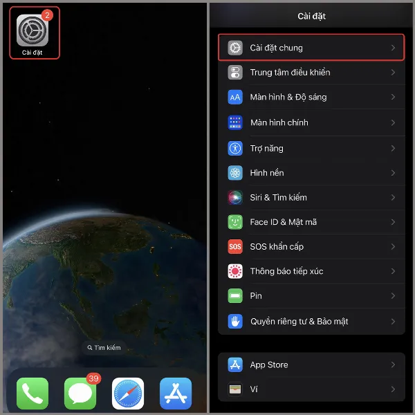 Mở ứng dụng Cài đặt và chọn mục Cài đặt chung trên iPhone 14 Pro