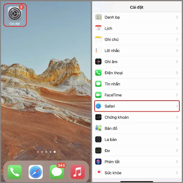 Mở ứng dụng Cài đặt và chọn mục Safari để thay đổi cỡ chữ