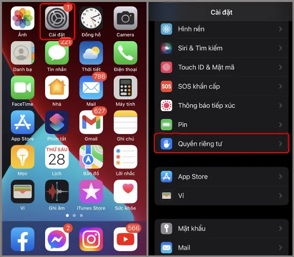 Mở ứng dụng Cài đặt và chọn Quyền riêng tư & Bảo mật